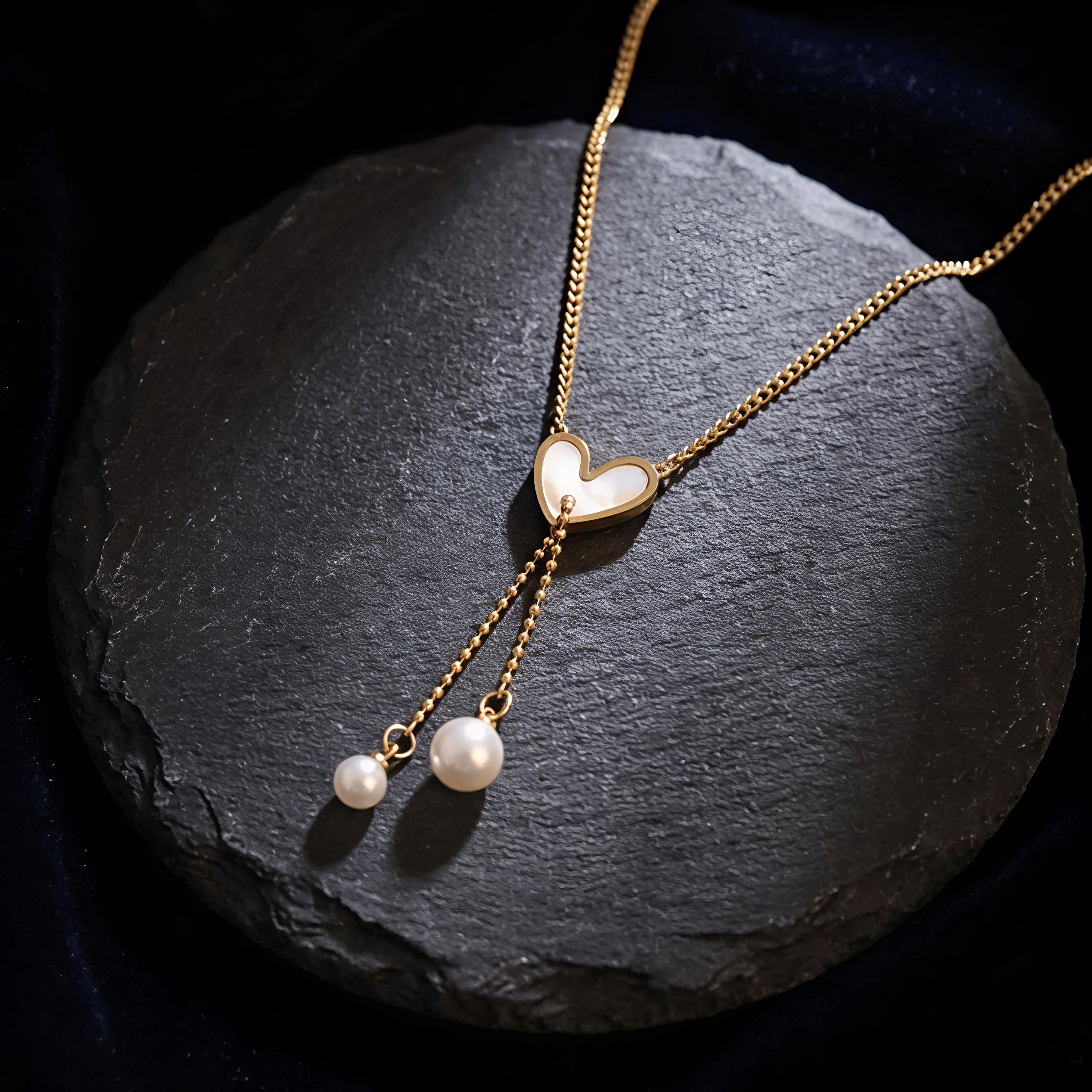 Close up of Tavisi Amora Pearl Drop Necklace with elegant pearl design, waterproof and long lasting gold shine