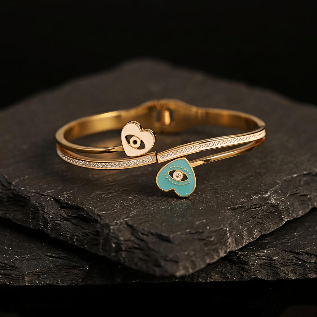 Tavisi gold evil eye heart bracelet with AD stones and long lasting waterproof finish