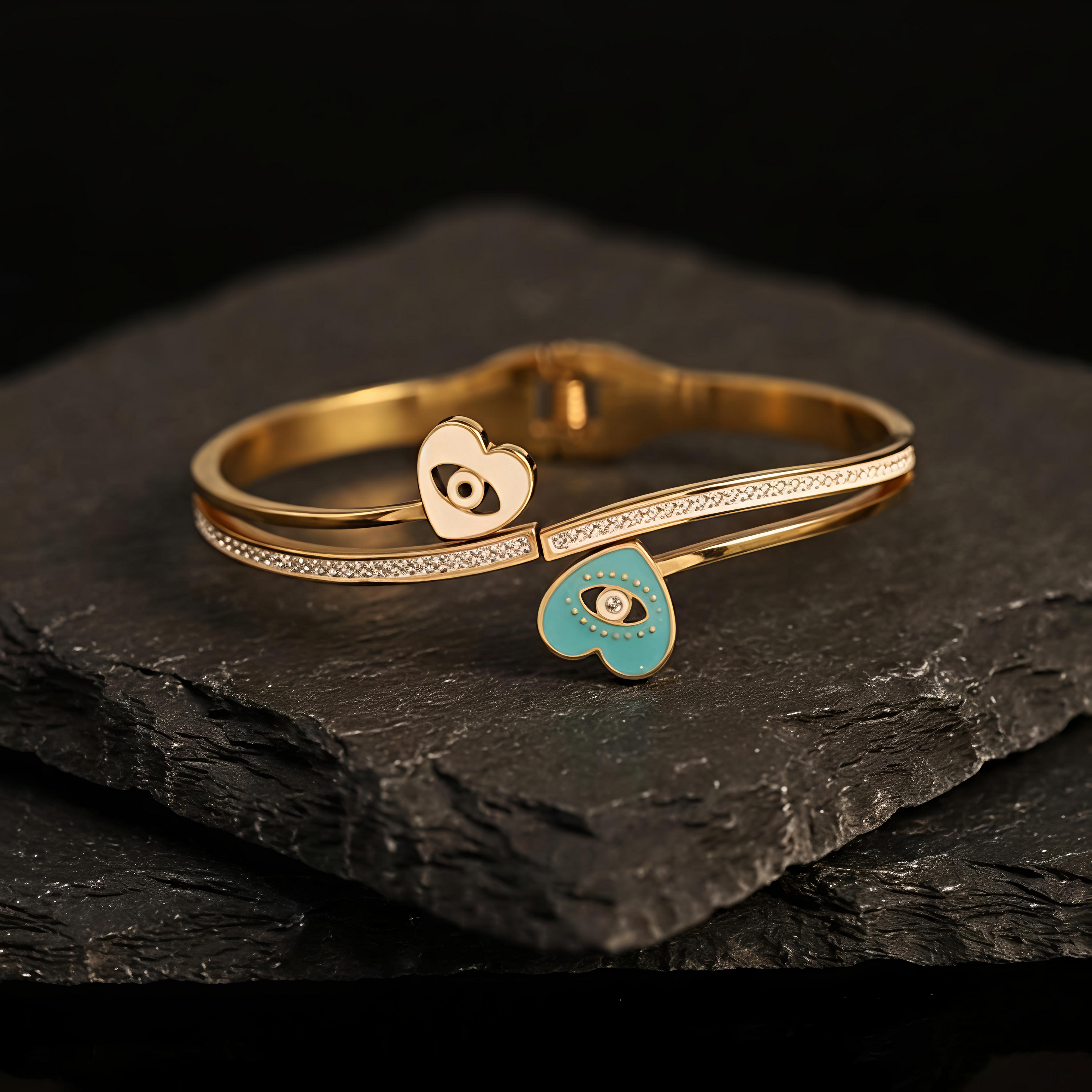 Tavisi gold evil eye heart bracelet with AD stones and long lasting waterproof finish