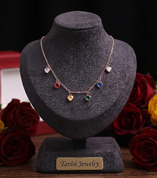 Tavisi Aria Heart Charm Necklace 18K rose gold plated 316L surgical stainless steel anti tarnish waterproof jewellery with multi colour heart charms