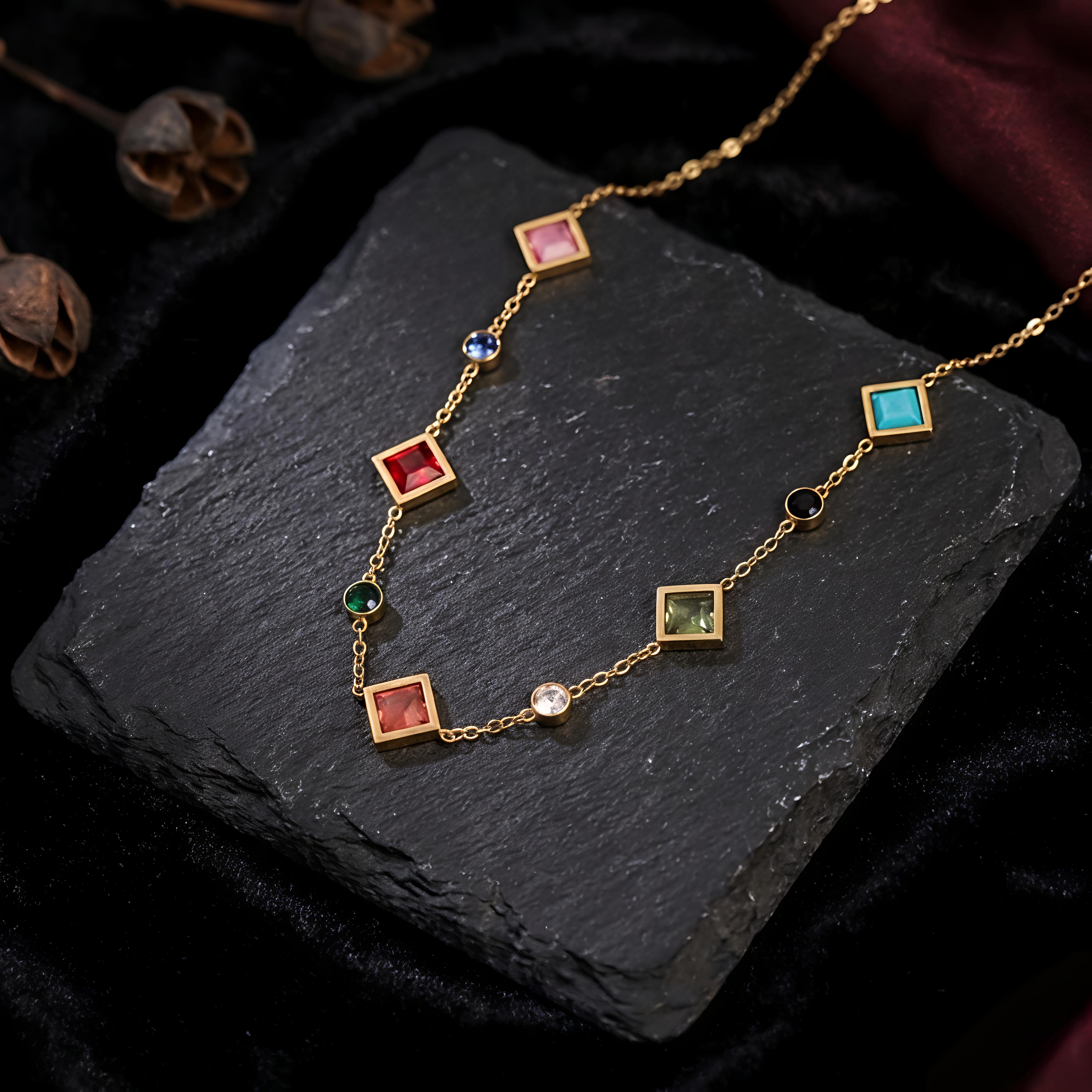 Close-up of Tavisi Aria Prism Necklace featuring multi colour stones, waterproof stainless steel and long lasting shine