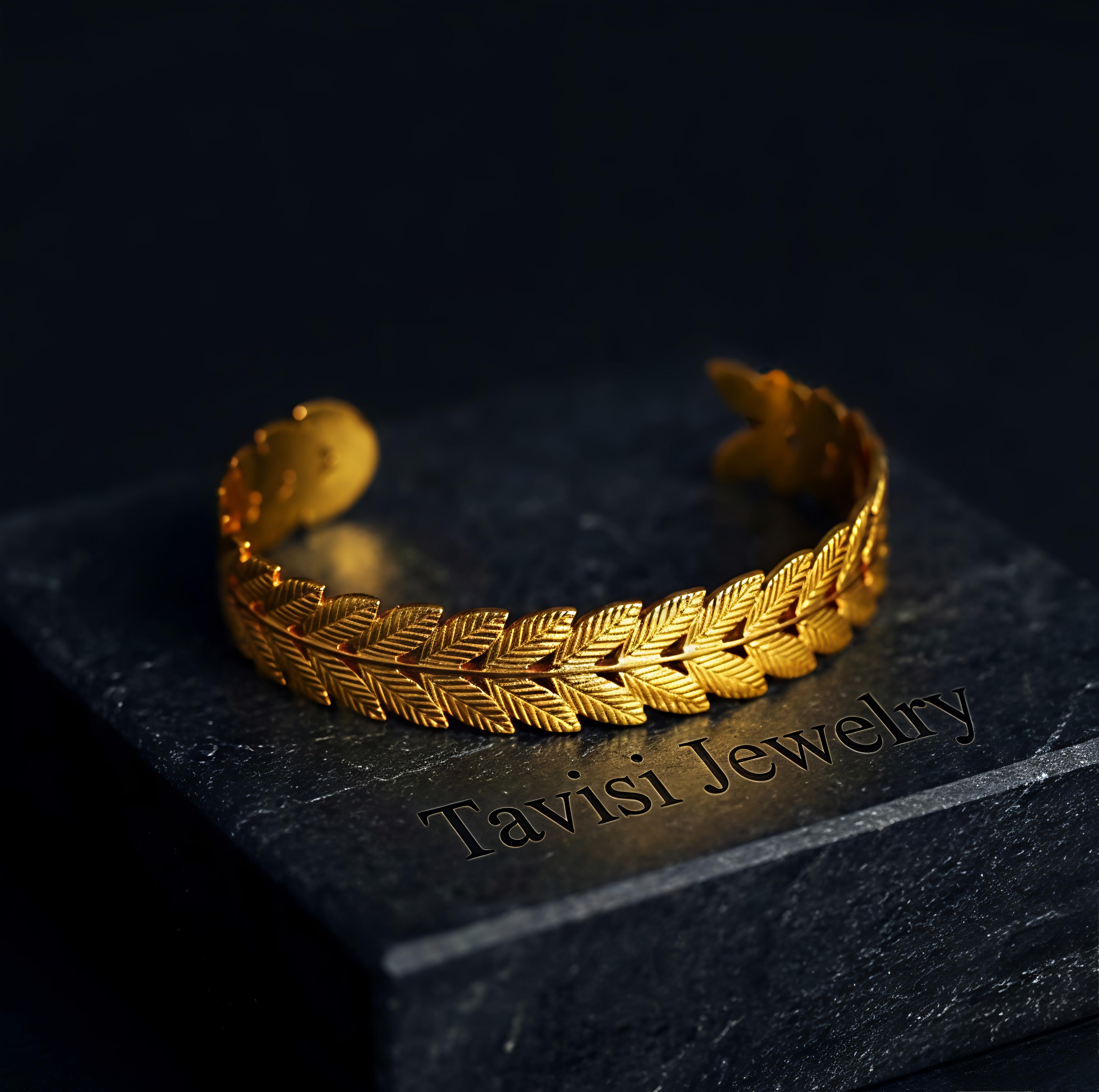 Premium Tavisi gold plated leaf cuff bracelet crafted in 316L surgical stainless steel with PVD coating