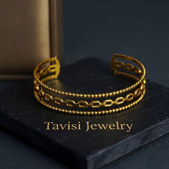 Angle view of Tavisi Aurelia waterproof PVD coated stainless steel cuff bracelet with long lasting shine for women