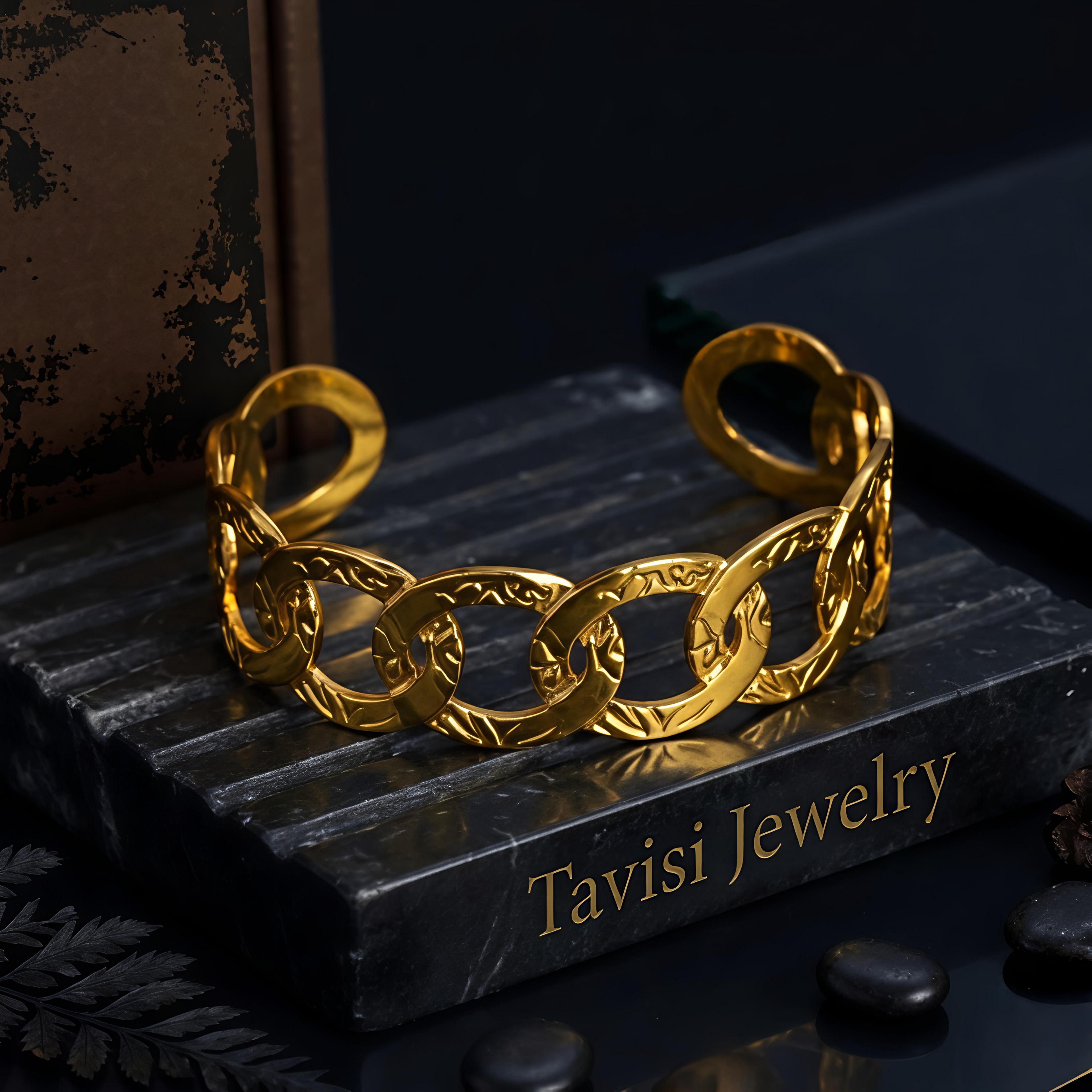 Angle view of Tavisi Aurevia Luxe waterproof gold bracelet with 18K PVD coating and long lasting shine for women
