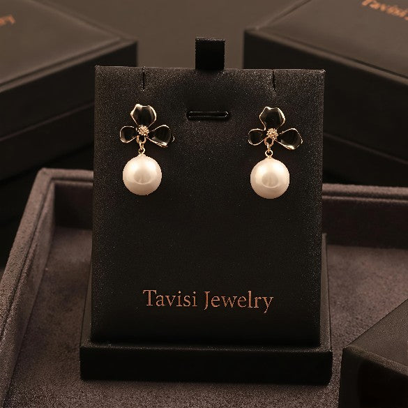 Tavisi black flower pearl drop earrings with 22K gold plating and anti tarnish finish for women