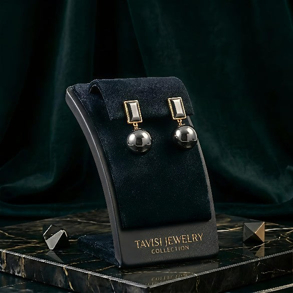 Tavisi black pearl rectangle stud drop earrings with 22K gold plating and anti tarnish finish for women