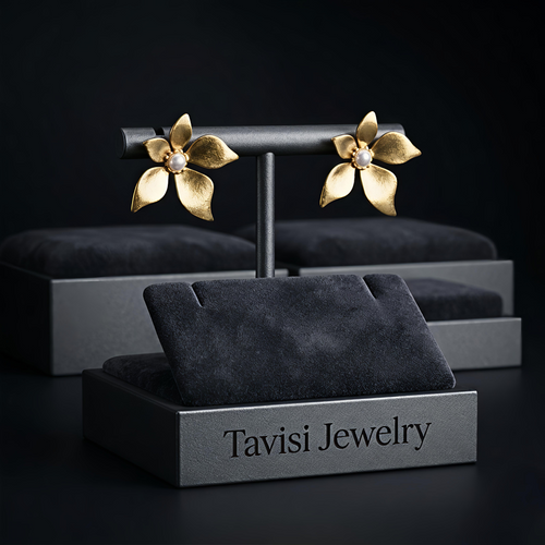 Tavisi blossom pearl stud earrings in 22K gold plated 316L surgical stainless steel for women
