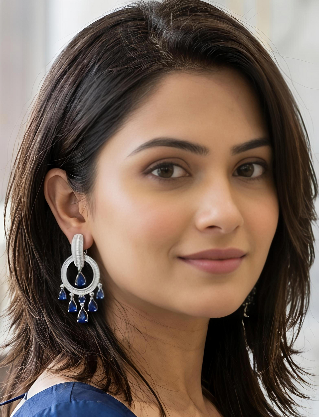 Model wearing Tavisi blue sapphire CZ chandelier earrings in silver tone statement design
