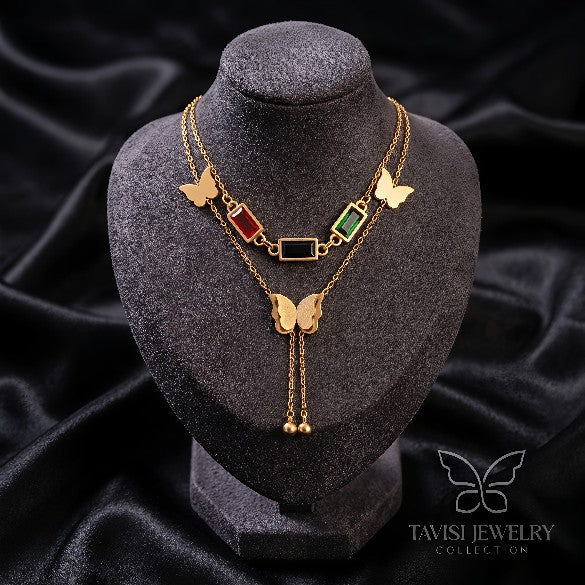 Tavisi butterfly drop layered anti tarnish gold AD necklace for women