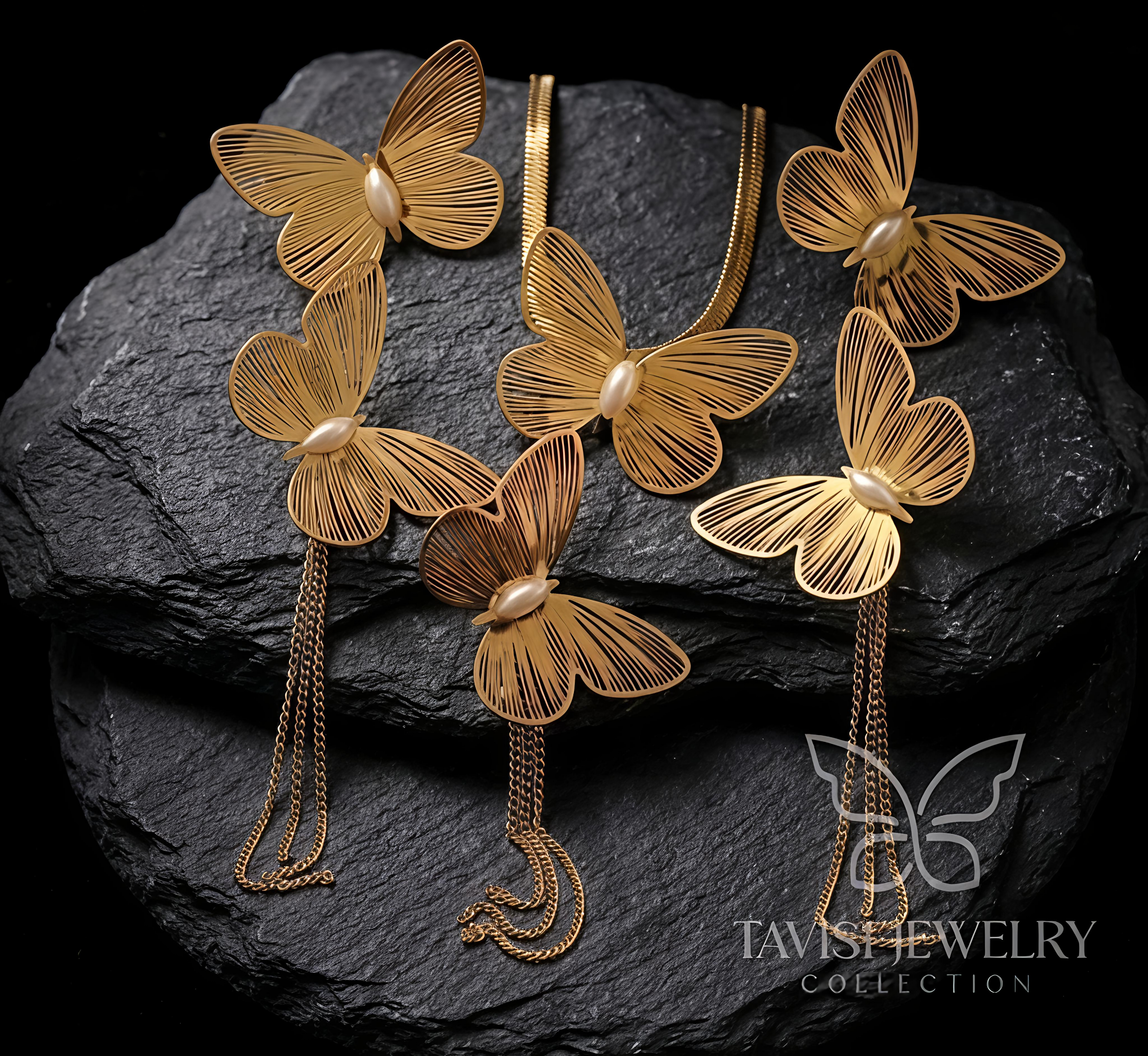 Premium Tavisi Butterfly Pearl Necklace & Earrings Set with soft pearl accents 22K gold plated 316L surgical stainless steel anti tarnish long lasting daily wear jewellery closeup