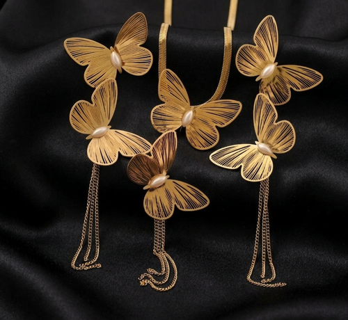 Tavisi Butterfly Pearl Necklace & Earrings Set with elegant butterfly motifs 22K gold electroplated 316L surgical stainless steel anti tarnish waterproof long lasting jewellery model view 