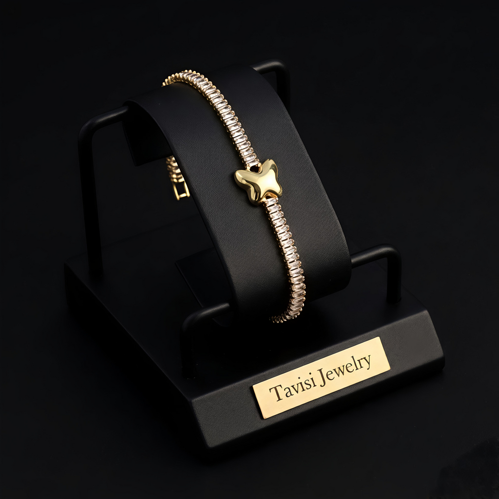 Tavisi Butterfly Tennis Bracelet with zircon stones in 22K gold plated anti tarnish 316L surgical stainless steel