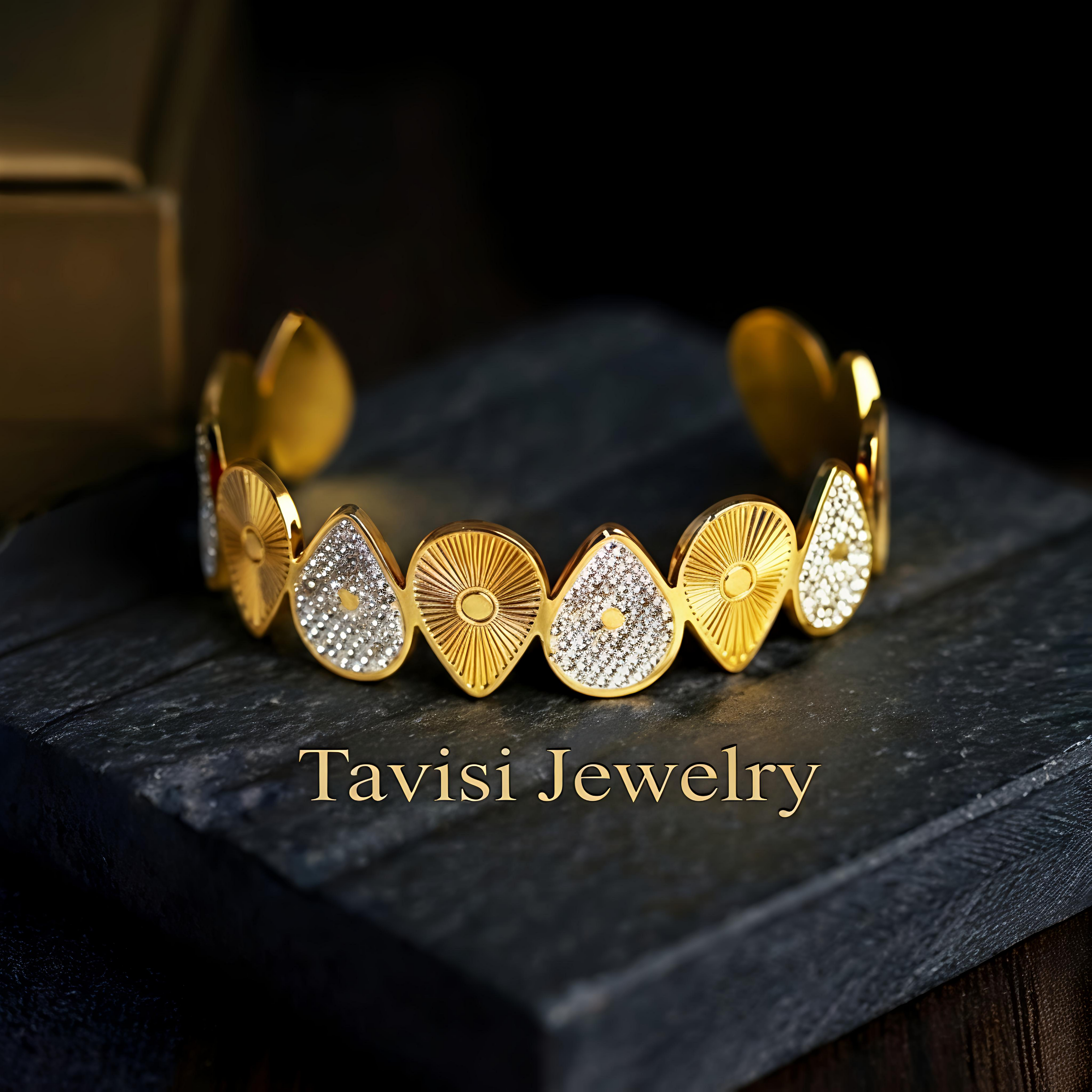 Angle view of Tavisi Celestia waterproof PVD coated bracelet with crystal detailing and long lasting shine for women
