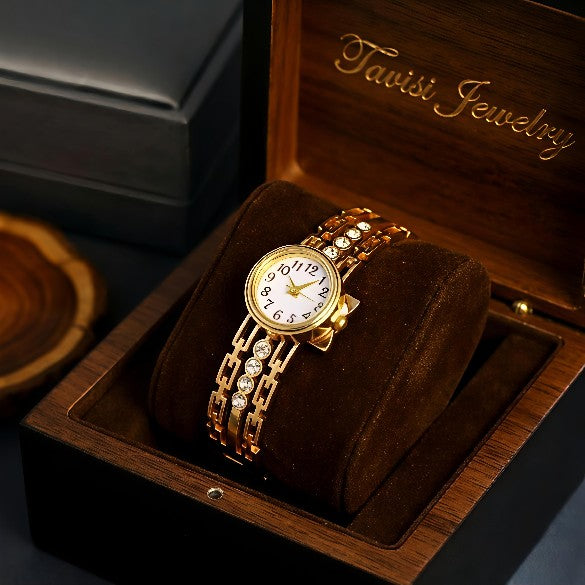 Tavisi Celestia luxury gold watch bracelet for women with sparkling AD stones and anti tarnish waterproof finish