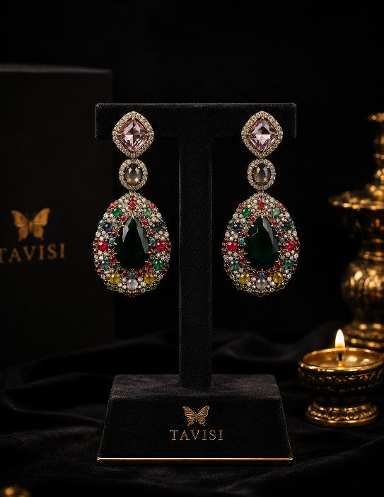 Premium Victorian Brass Casting Statement Earrings with Multicolor Stones