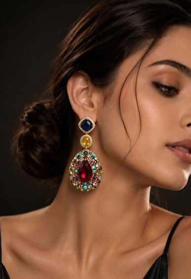 Female model wearing Tavisi Celestia Multicolor Victorian Luxury Statement Drop Earrings