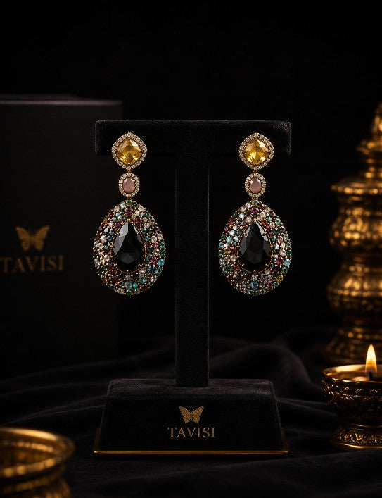 Luxury Victorian Statement Drop Earrings with Multicolor Stones by Tavisi