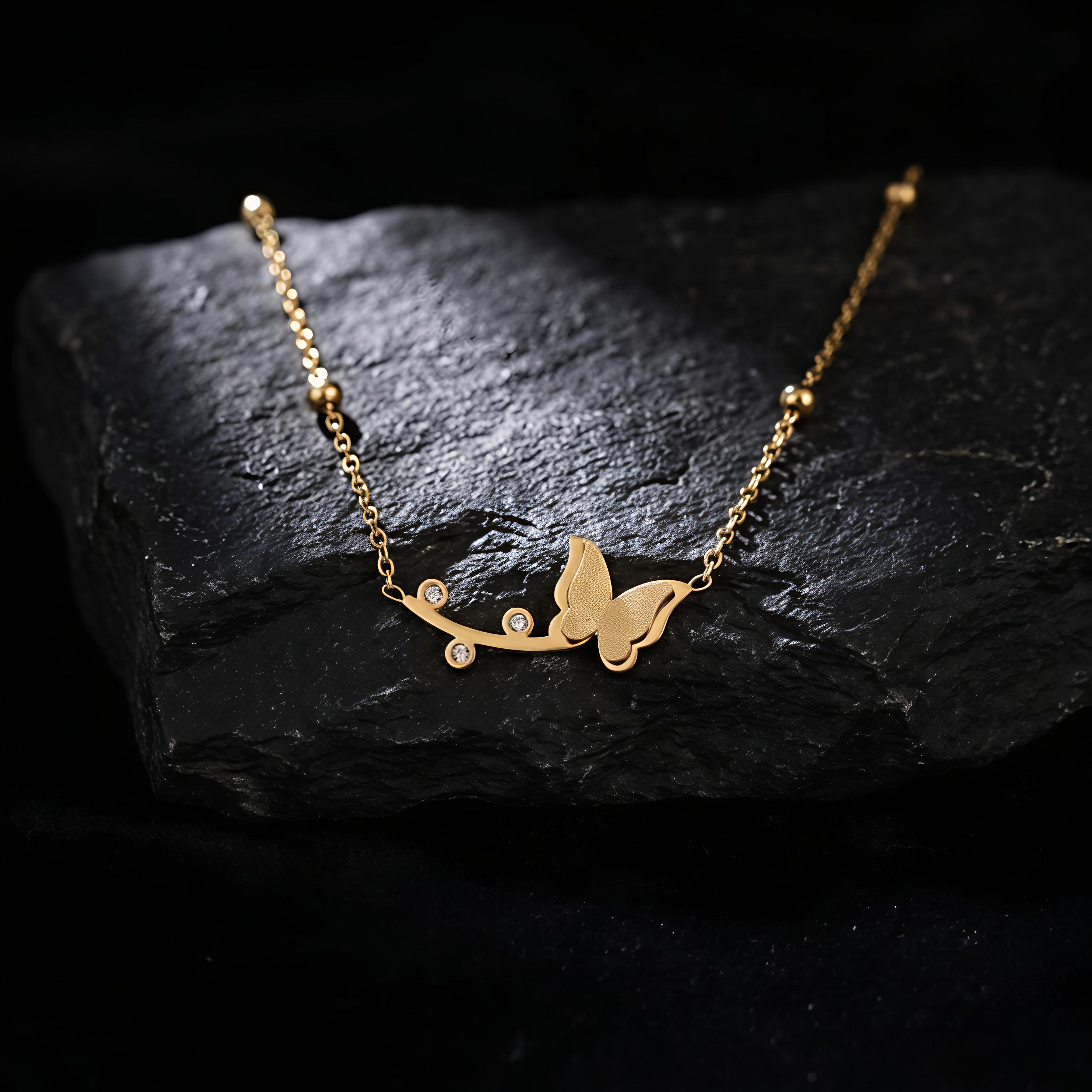 Close up of Tavisi Celina Butterfly Necklace with AD American Diamond stones, waterproof and long lasting gold shine