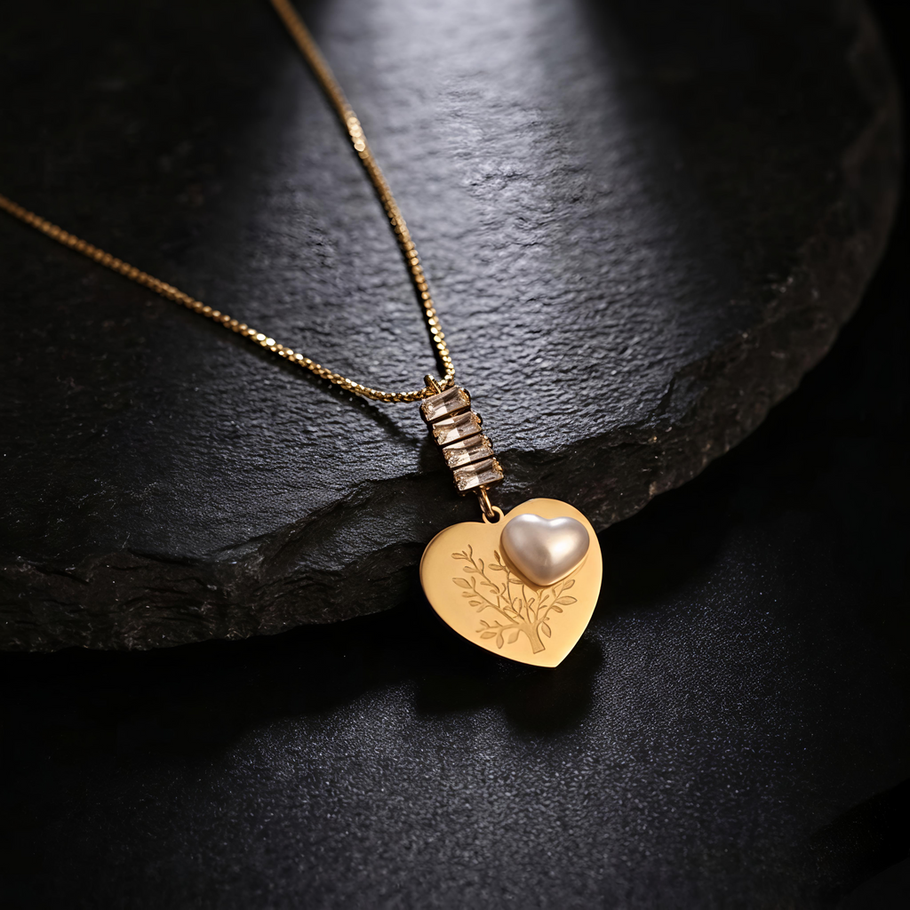 Close-up of Tavisi Celina Pearl Heart Pendant Necklace featuring pearl detail, waterproof stainless steel and long lasting shine