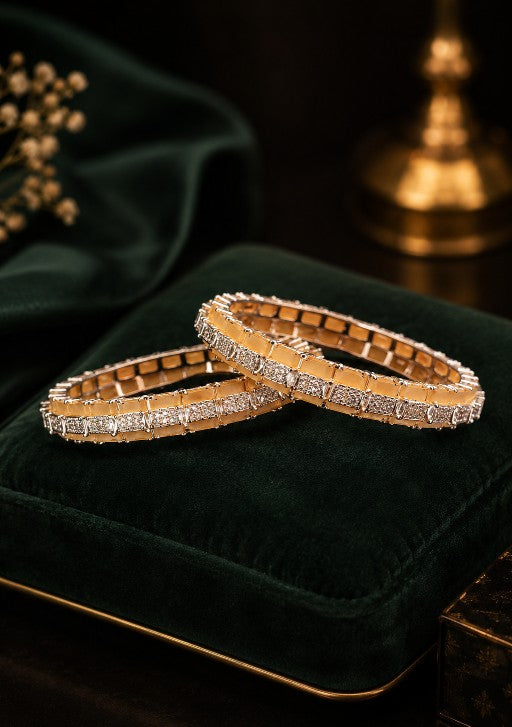 Tavisi Chandrika CZ Bangles Close Up View Featuring Sparkling White Cubic Zirconia Stones Yellow Stone Detailing Premium Brass Casting