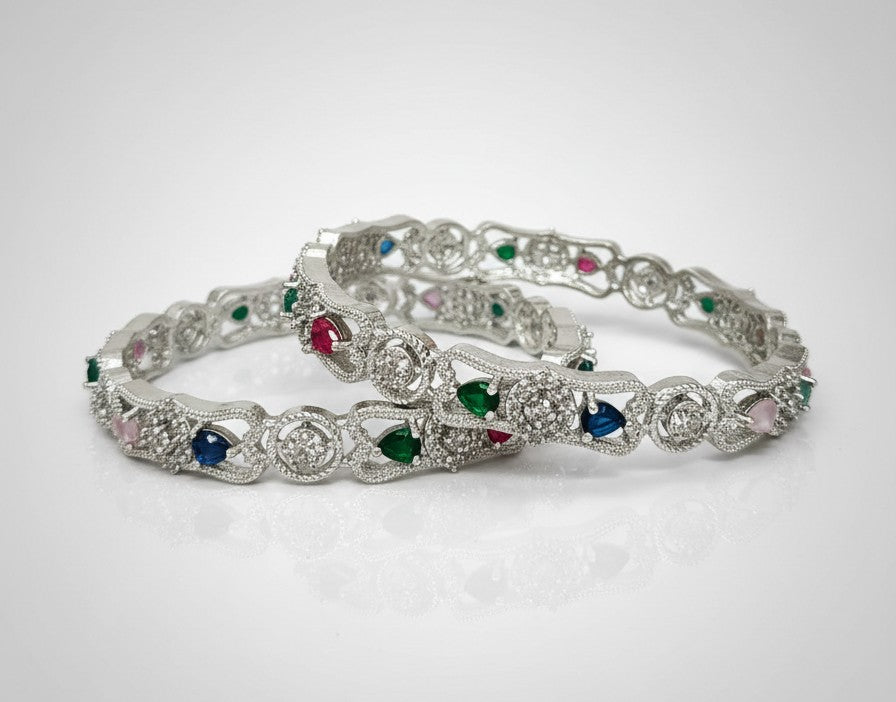 Front view of Tavisi Color Symphony multicolor CZ silver polish bangle size 2.6 for women
