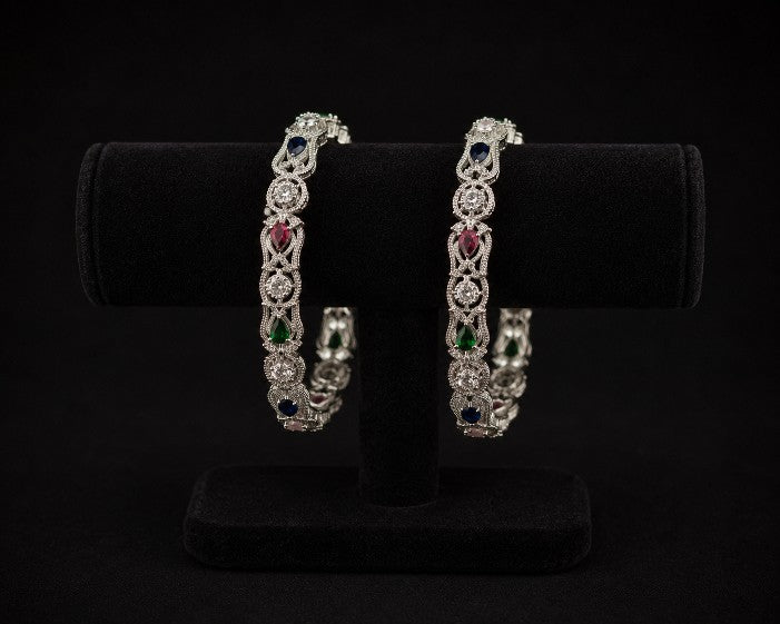 Tavisi Color Symphony CZ Silver Polish Bangle for Women featuring sparkling white CZ stones, multicolor AD stones, premium silver polish finish, and anti-tarnish handcrafted design.