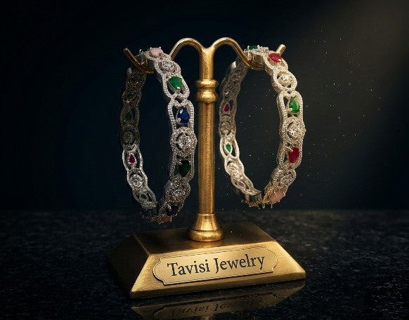 Tavisi Color Symphony CZ Silver Polish Bangle for Women featuring sparkling white CZ stones, multicolor AD stones, premium silver polish finish, lightweight anti-tarnish design, available in sizes 2.6 and 2.8.