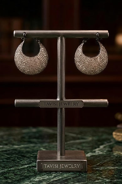 Tavisi crescent moon pavé hoop earrings in brass casting with silver tone finish and premium AD CZ stones