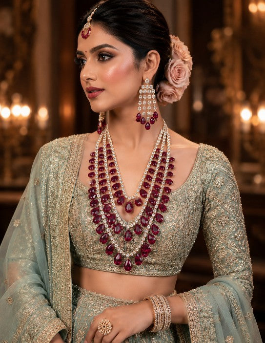 Tavisi Crimson Cascade AD White Stone Ruby Red Bridal Necklace Set Model Wear Premium Brass Casting Statement Jewellery with Long Lasting Shine for Everyday Luxury