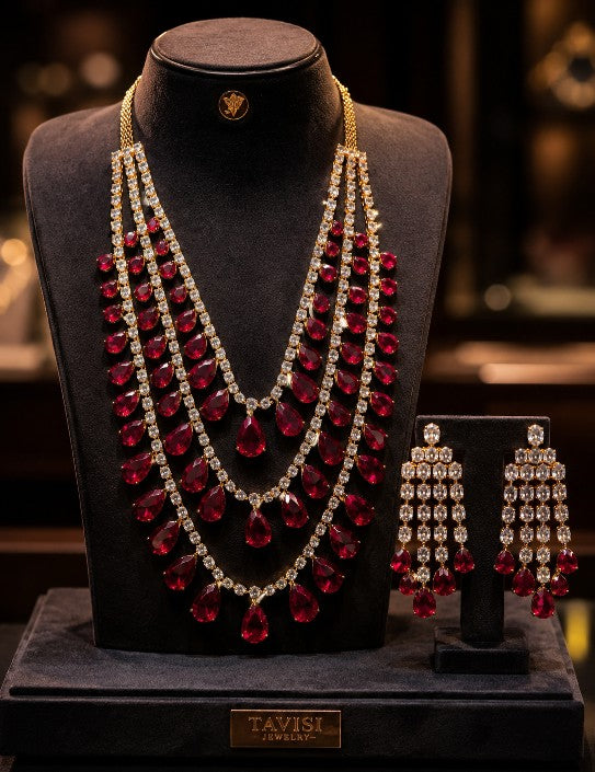 Tavisi Crimson Cascade Ruby Red AD White Stone Bridal Necklace Earrings Set Premium Brass Casting Luxury Jewellery with Long Lasting Shine for Everyday Luxury