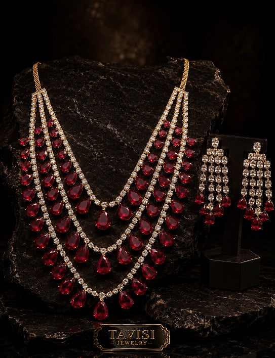 Tavisi Crimson Cascade Red Stone AD American Diamond Necklace Earrings Set Premium Brass Casting Display Luxury Jewellery