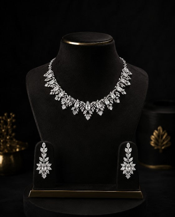 Tavisi Crystal Blossom AD CZ Premium Brass Silver Finish Statement Necklace Set with Matching Earrings