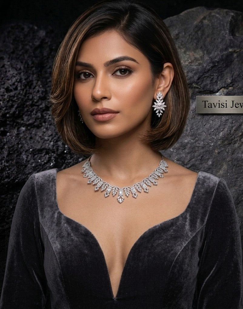 Model wearing Tavisi Crystal Blossom premium brass AD CZ luxury bridal necklace set