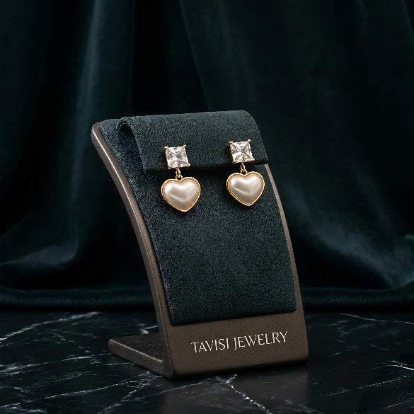 Tavisi crystal heart pearl drop earrings with 22K gold plating and anti tarnish finish for women