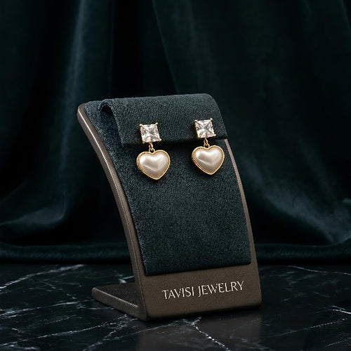 Tavisi crystal heart pearl drop earrings with 22K gold plating and anti tarnish finish for women