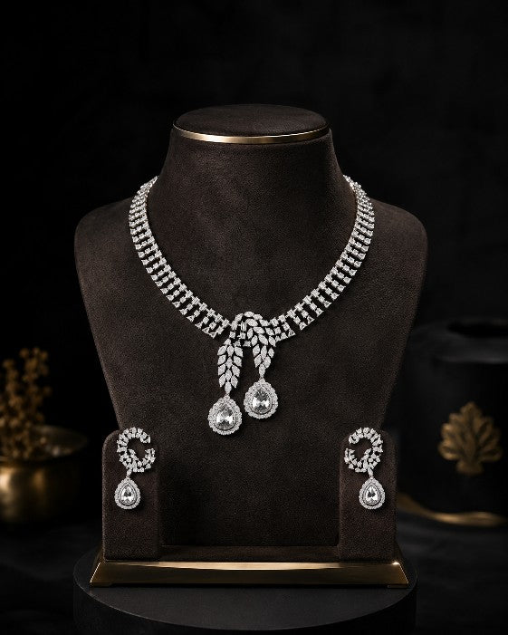 Woman wearing Tavisi Crystal Radiance AD CZ Premium Brass Silver Finish Necklace Set