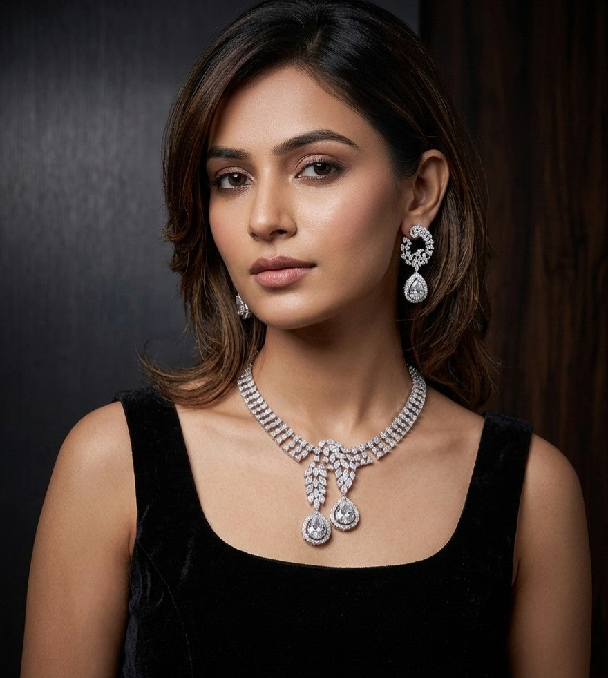 Model wearing Tavisi Crystal Radiance Premium Brass AD CZ Luxury Necklace Set