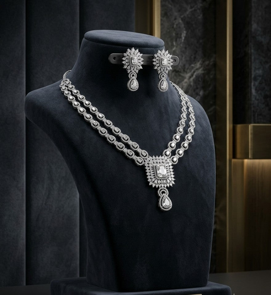 Tavisi Crystal Royale AD CZ Premium Brass Silver Finish Statement Bridal Necklace Set with Matching Earrings