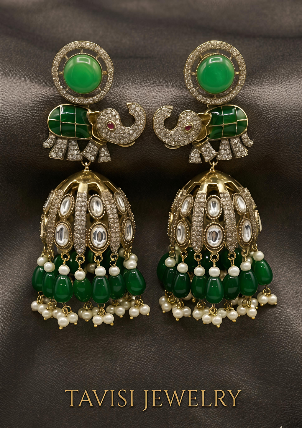 Tavisi long lasting CZ kundan elephant jhumka earrings in mehendi tone finish displayed elegantly