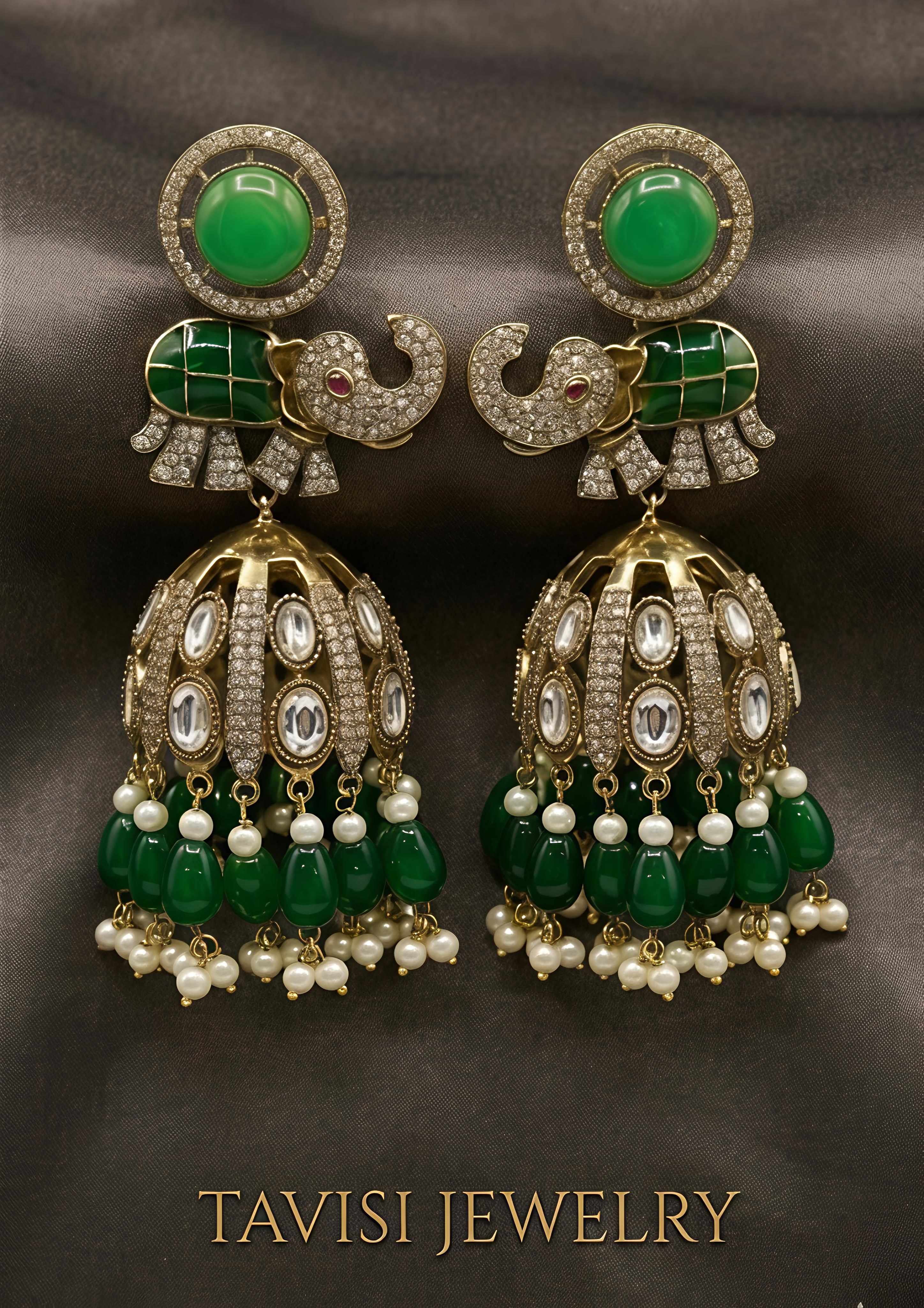 Tavisi long lasting CZ kundan elephant jhumka earrings in mehendi tone finish displayed elegantly