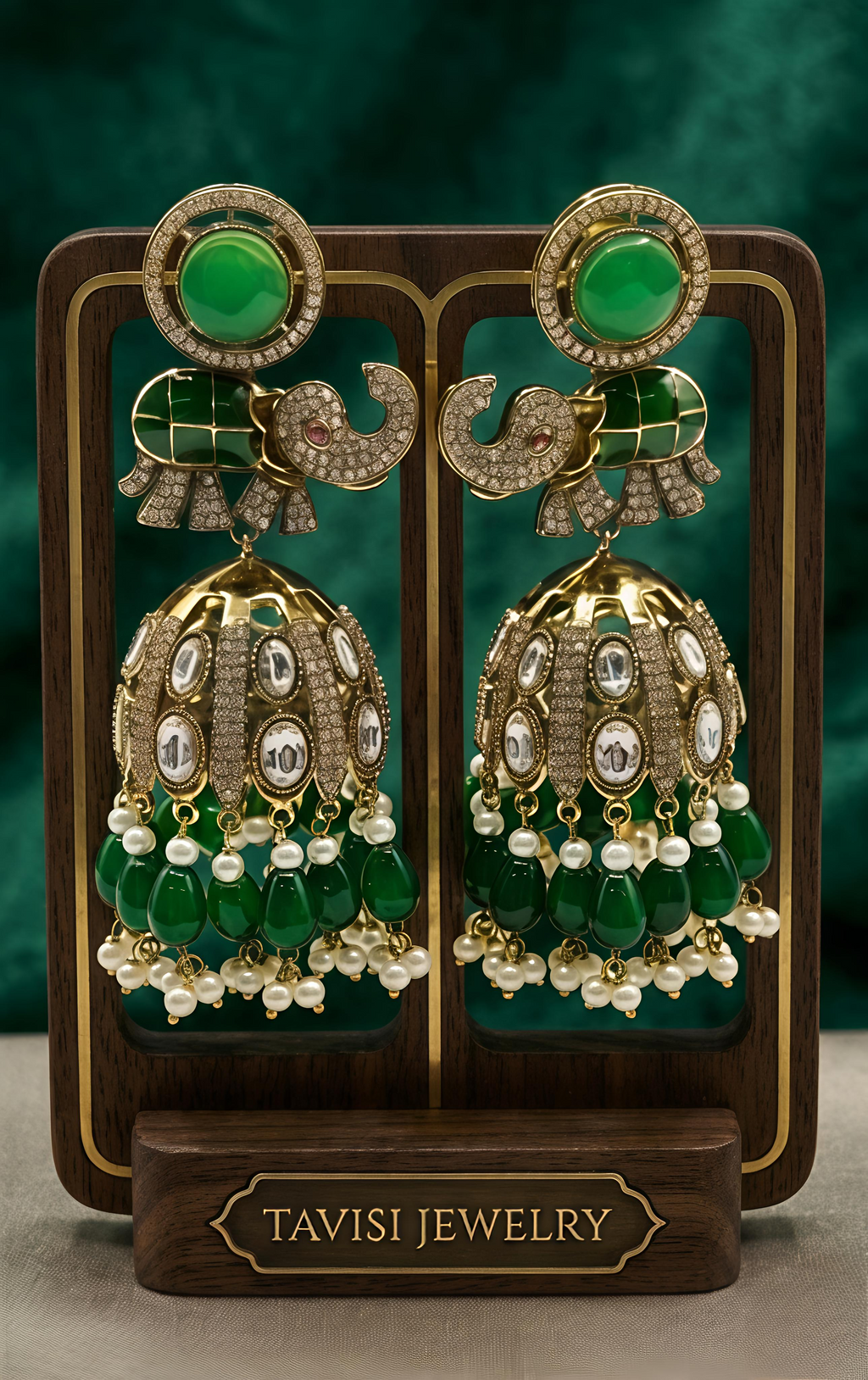 Tavisi CZ kundan elephant jhumka earrings in mehendi tone finish front view with pearl detailing