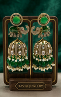 Tavisi CZ kundan elephant jhumka earrings in mehendi tone finish front view with pearl detailing