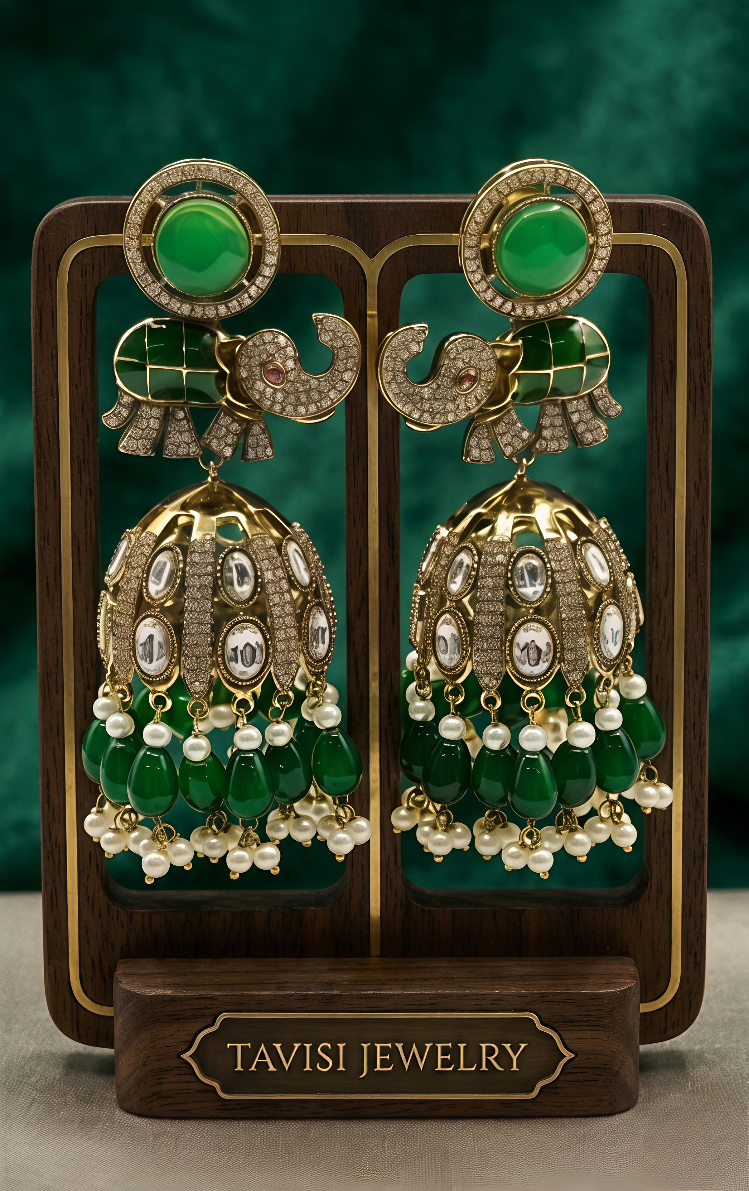 Tavisi CZ kundan elephant jhumka earrings in mehendi tone finish front view with pearl detailing