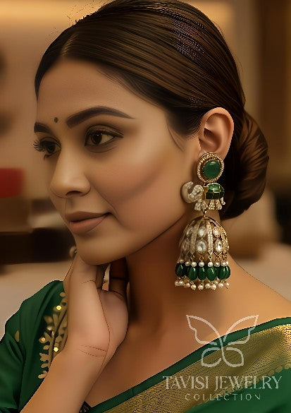 Woman wearing Tavisi CZ Kundan Elephant Jhumka Earrings in rich mehendi tone with premium CZ stones, kundan detailing, pearl accents, and elephant motif design.