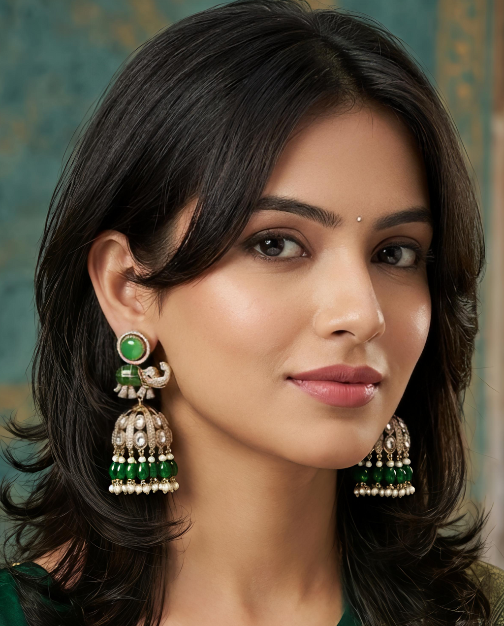 Model wearing Tavisi CZ kundan elephant jhumka earrings in mehendi tone finish with pearl accents