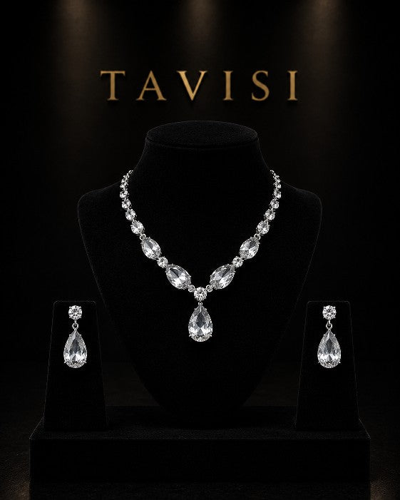 Tavisi Diamond White AD CZ Stone Necklace Earrings Set Model Wear Premium Brass Casting Luxury Jewellery with Long Lasting Shine for Everyday Luxury