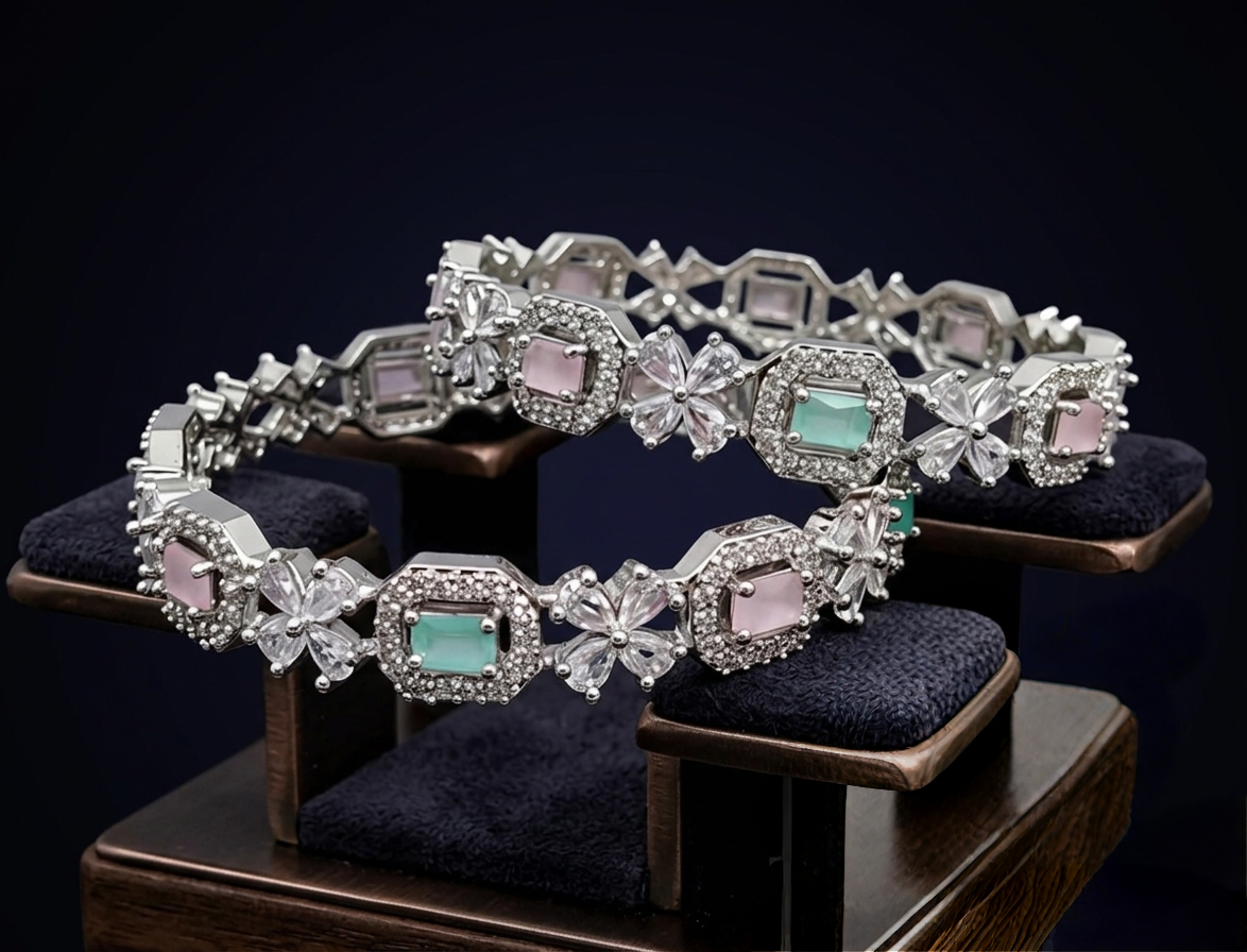Front view of Tavisi Dream Petals CZ silver polish bangle size 2.6 for women