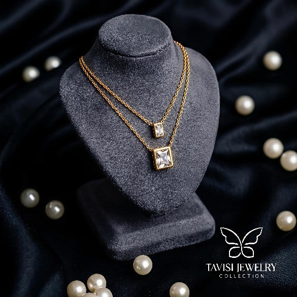 Tavisi dual crystal square pendant anti tarnish gold CZ necklace for women