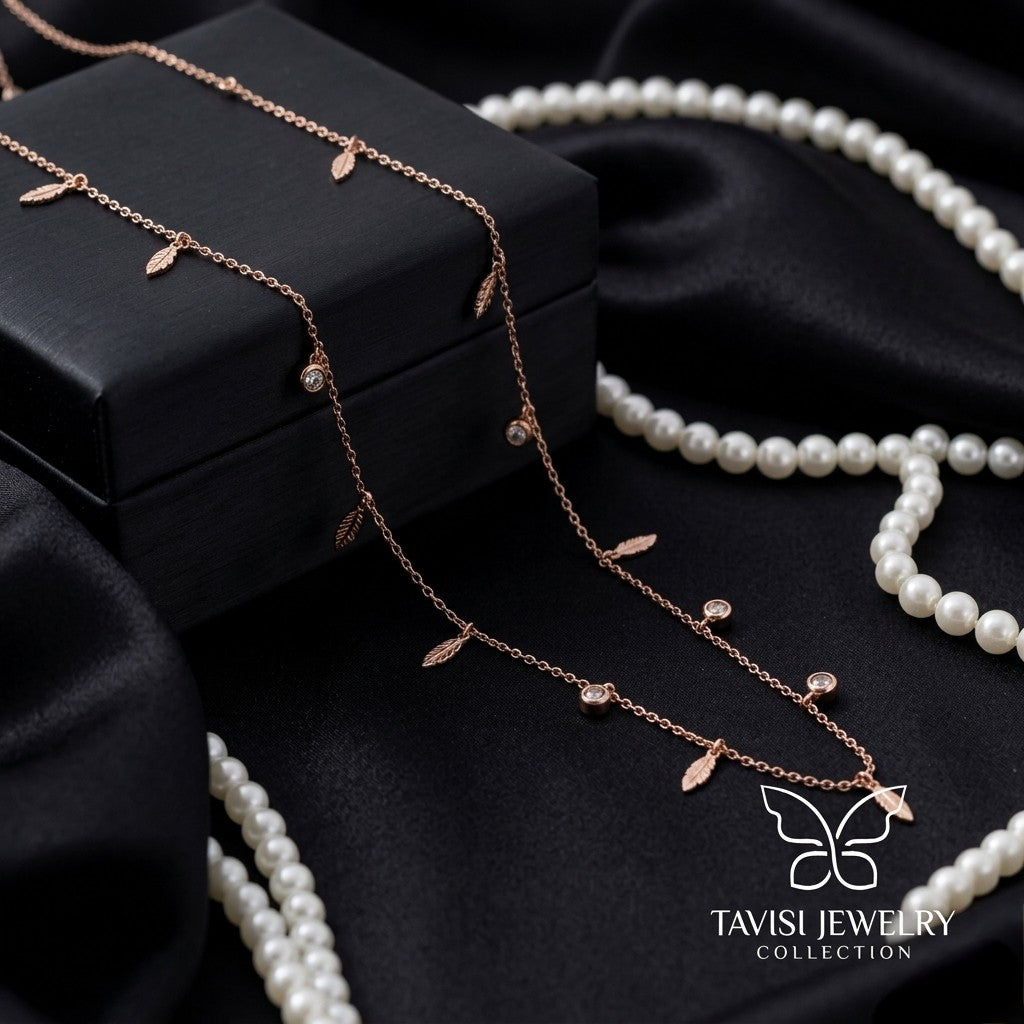 Tavisi Elara Rose Gold Tanmaniya Necklace crafted with 316L premium surgical stainless steel and 18K anti tarnish finish luxury jewellery
