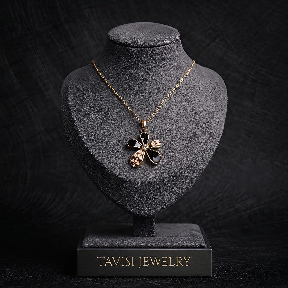 Tavisi Elara Black Bloom Pendant Necklace with premium 316L Surgical Grade Stainless Steel and long lasting 18K gold plated finish